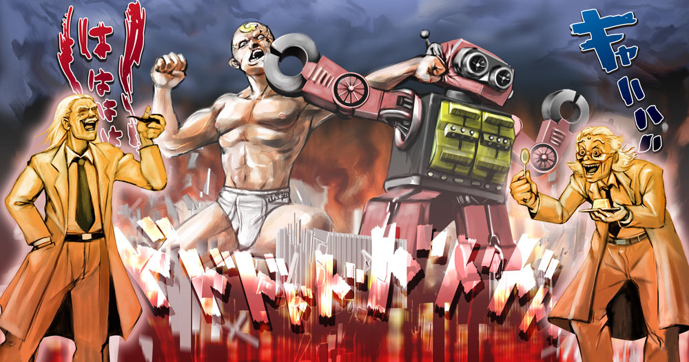 abs, bald, beard, belt, briefs, buckle, city, closed_eyes, crossover, desty_nova, eating, eyes_closed, facial_hair, fighting, fire, goggles, gunnm, king_of_mars, kishiwada_hakase, kishiwada_hakase_no_kagakuteki_aijou, labcoat, laughing, male, multiple_boys, necktie, old_man, open_mouth, pipe, pudding, punching, robot, spoon, tattoo, underwear, white_hair