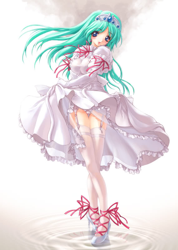 blue_eyes, dress, duplicate, garter_belt, green_hair, long_hair, miwa_yoshikazu, princess_melora