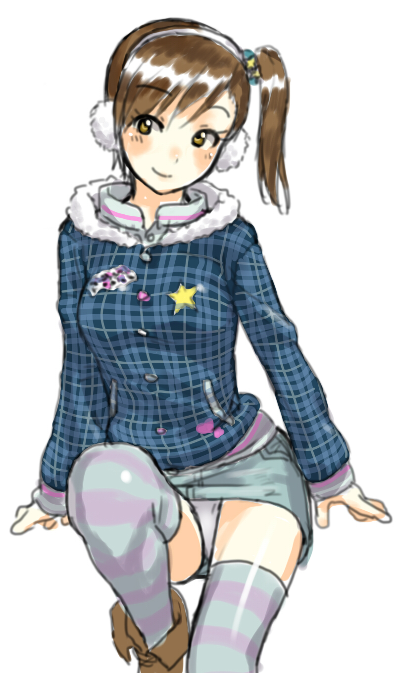 aouma, brown_hair, earmuffs, face, futami_mami, highres, idolmaster, panties