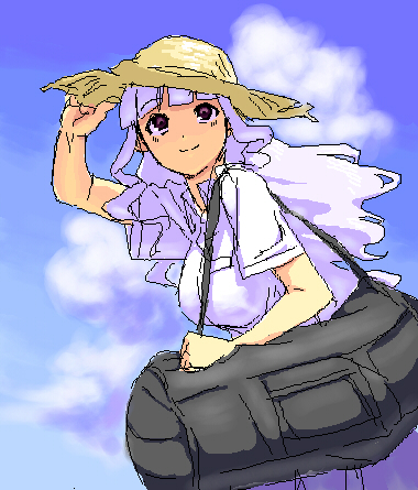 aouma, face, hat, idolmaster, lowres, purple_hair, shijou_takane, sky