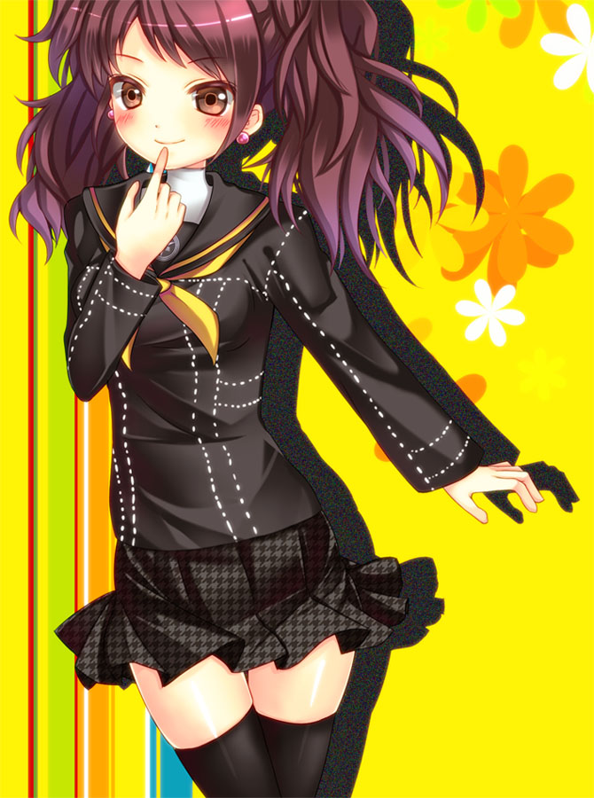 bad_id, black_legwear, blush, brown_eyes, earrings, jewelry, kujikawa_rise, long_hair, persona, persona_4, red_hair, redhead, saotome_mirai, school_uniform, serafuku, skirt, smile, solo, thigh-highs, thighhighs, twintails, zettai_ryouiki