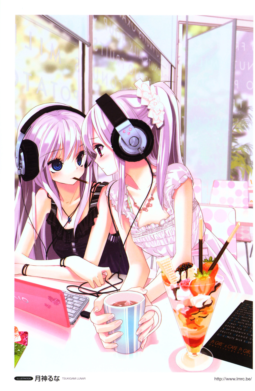 absurdres, blue_eyes, computer, cup, dress, food, headphones, highres, ice_cream, laptop, multiple_girls, original, parfait, pocky, purple_eyes, scan, sony, sundress, teacup, tsukigami_runa, vaio, violet_eyes