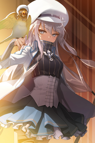 arm_up, arm_warmers, bird, black_legwear, cabbie_hat, corset, covered_mouth, eisenwane, feathers, frilled_skirt, grey_eyes, hat, jacket, jewelry, kocchan, long_hair, lowres, necklace, parrot, pleated_skirt, salt_(salty), shadow, skirt, solo, striped, sword_girls, tail, talons, thighhighs, white_hair, wings