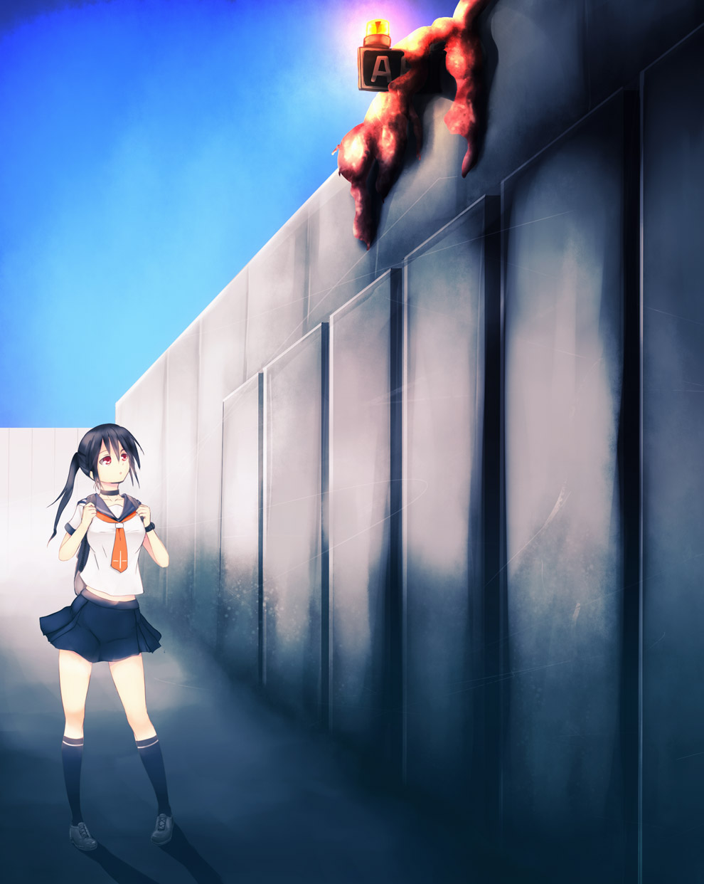 amano_tsubaki, backpack, bag, black_hair, black_legwear, choker, commentary, highres