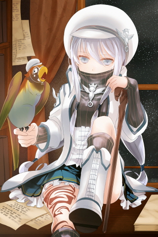 arm_warmers, arms_up, bangs, beak, bird, black_legwear, boots, cane