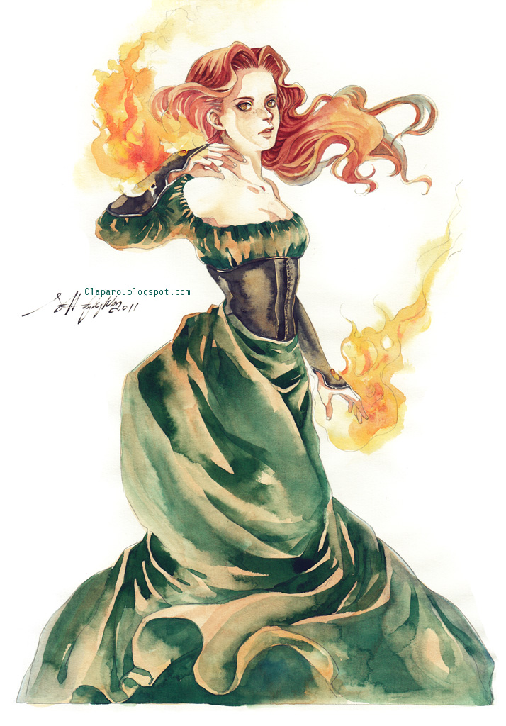 breasts, cleavage, corset, dress, fire, freckles, long_hair, magic