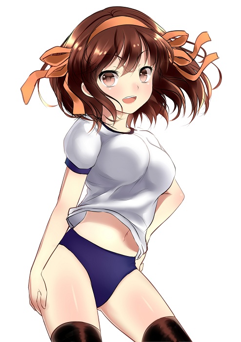 bad_id, brown_eyes, brown_hair, buruma, dai_(uhyoko1102151), gym_uniform, hair_ribbon, hairband