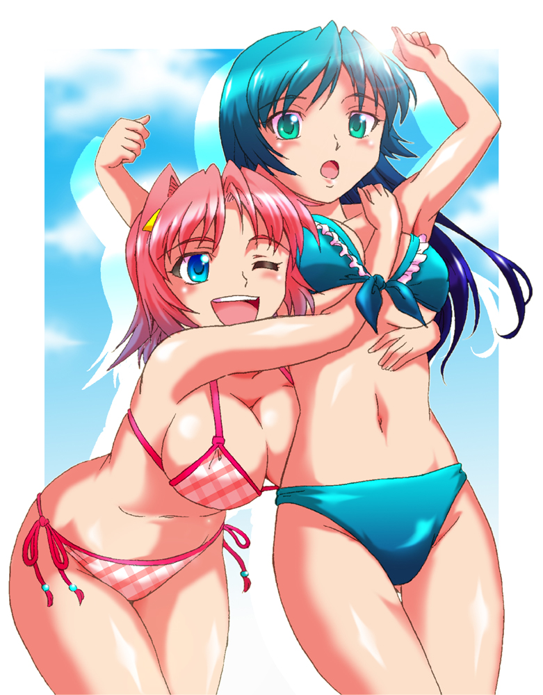 blue_eyes, blue_hair, green_eyes, hibino_aki, hug, hug_from_behind, long_hair, multiple_girls