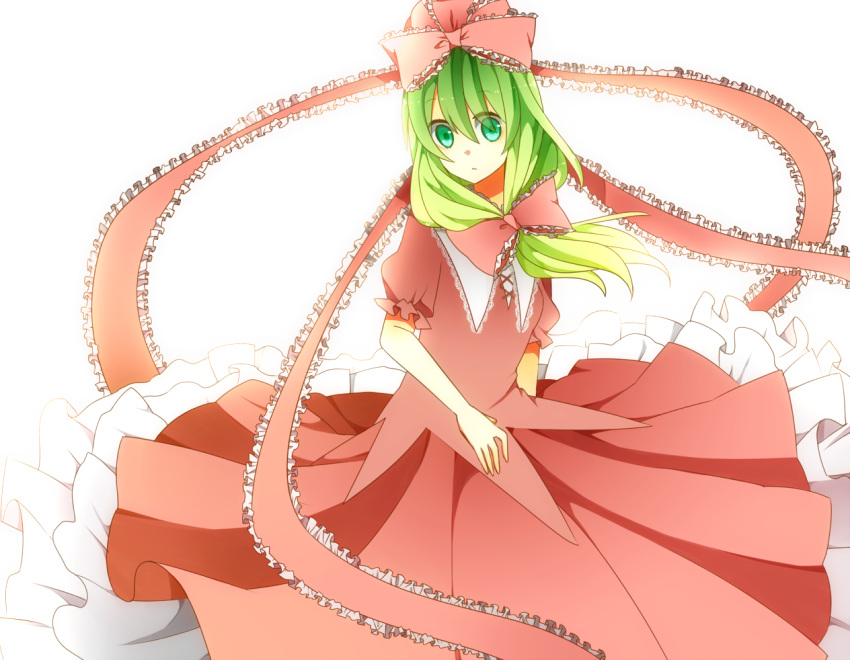 aqua_eyes, bow, dress, frills, front_ponytail, green_hair, hair_bow, hair_ornament, hair_ribbon, kagiyama_hina, long_hair, looking_at_viewer, open_mouth, pirororon, red_dress, ribbon, solo, touhou