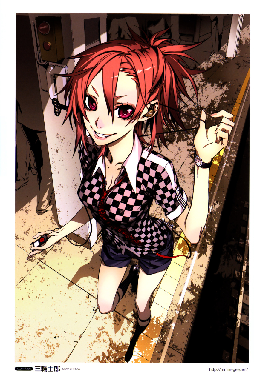 absurdres, blouse, breasts, casual, checkered, checkered_shirt, cleavage, digital_media_player