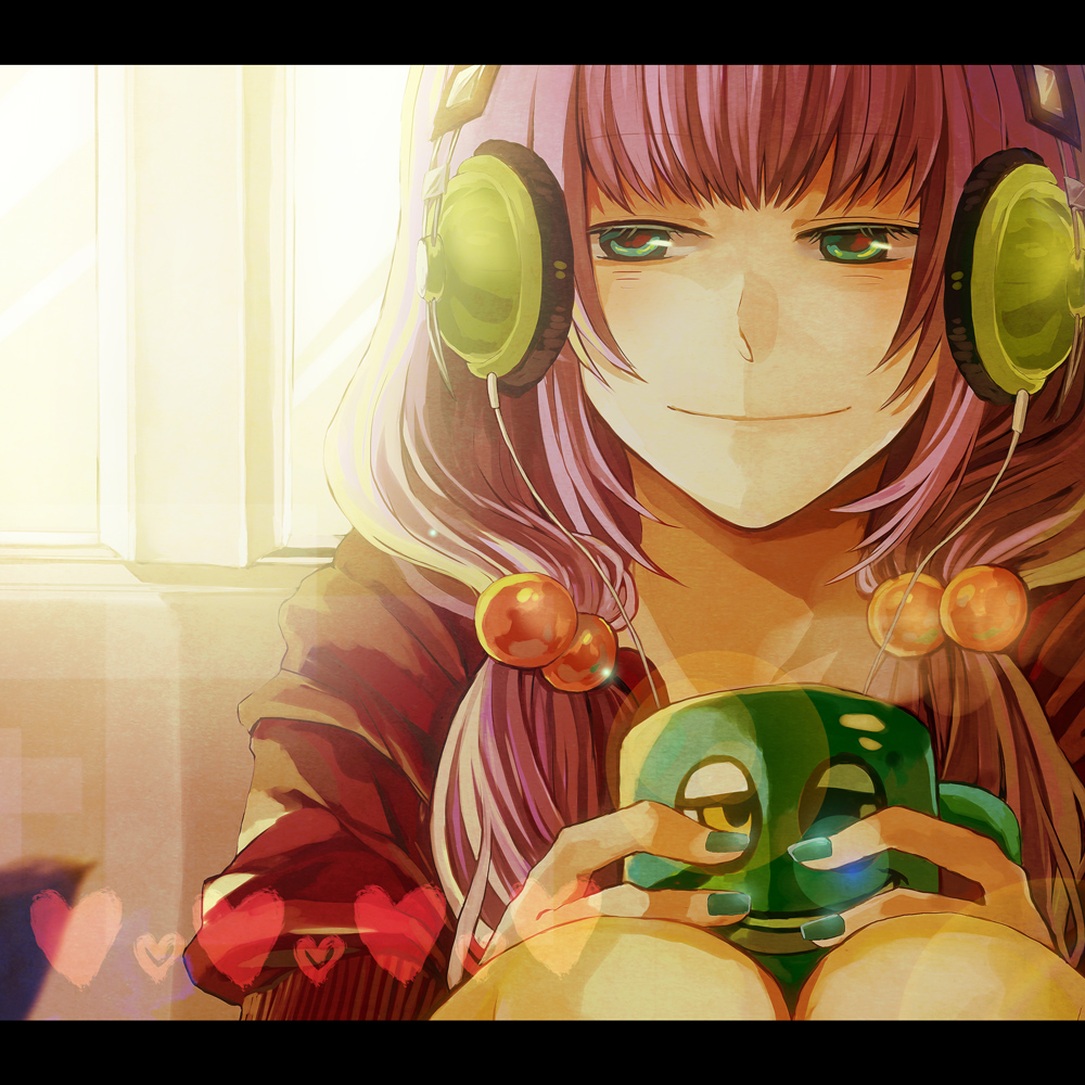 aqua_eyes, bad_id, cup, face, headphones, long_hair, megurine_luka, mug