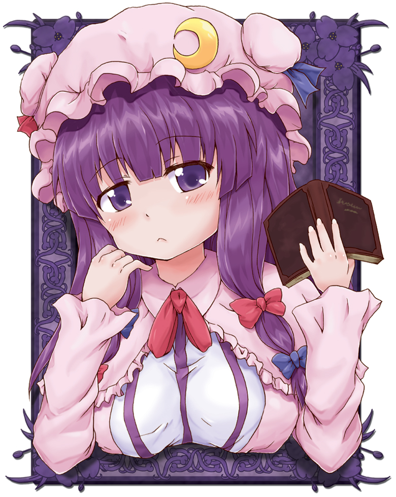 :<, blush, book, bust, crescent, dress, hat, long_hair