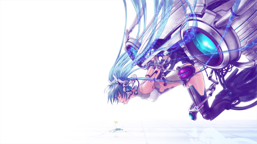 android, aqua_hair, bare_shoulders, bodysuit, cable, closed_eyes, collar, eyes_closed, flower, hatsune_miku, headset, long_hair, reflection, robot_joints, shirano_(hiromaxi729), solo, thigh-highs, thighhighs, twintails, very_long_hair, vocaloid