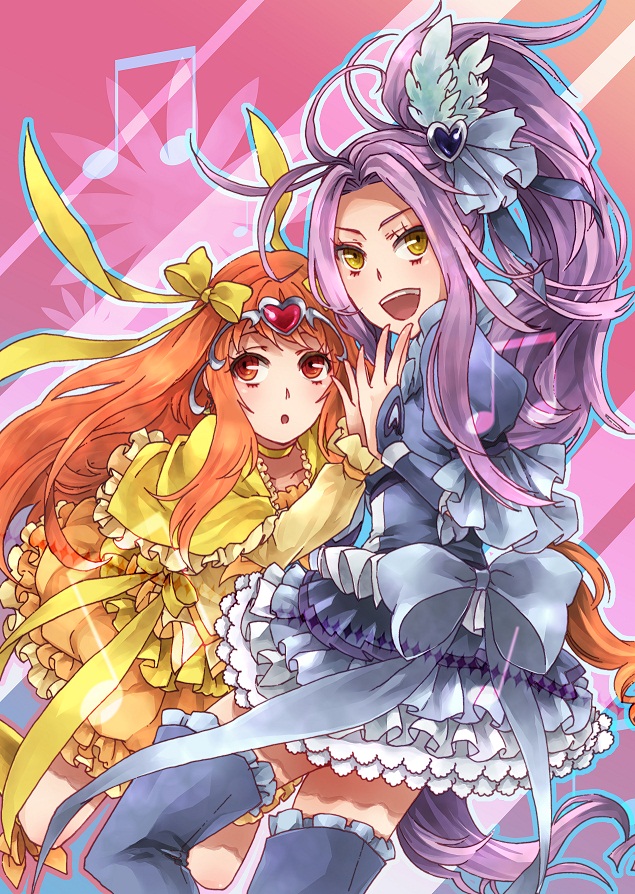 2girls, cure_beat, cure_muse, cure_muse_(yellow), kurokawa_ellen, magical_girl, multiple_girls, precure