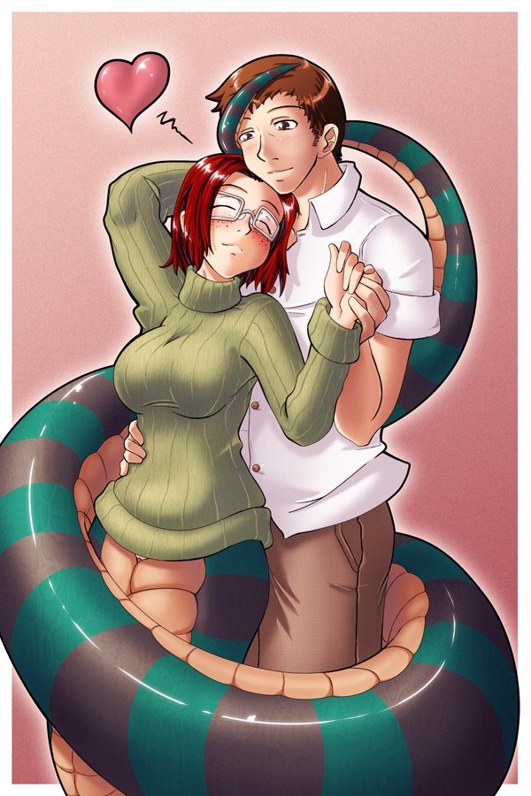 1boy, 1girl, breasts, couple, glasses, lamia, large_breasts, monster_girl