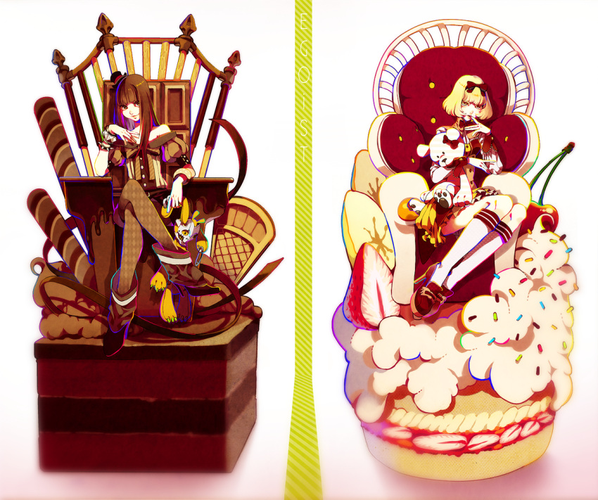 akiakane, argyle, argyle_legwear, bangs, bare_shoulders, black_vs_white, blonde_hair, blunt_bangs, bob_cut, bow, brown_eyes, brown_hair, brown_legwear, cake, chair, cherry, chocolate, chocolate_bar, chocolate_cake, crossed_legs, desert, dessert, dress, faux_figurine, food, frills, fruit, hair_bow, hat, high_heels, icing, kneehighs, legs_crossed, long_hair, mini_top_hat, multiple_girls, off_shoulder, original, pantyhose, red_shoes, shoes, short_dress, short_hair, sitting, sprinkles, strawberry, strawberry_shortcake, stuffed_animal, stuffed_toy, teddy_bear, throne, top_hat, wafer, white_legwear, yellow_eyes