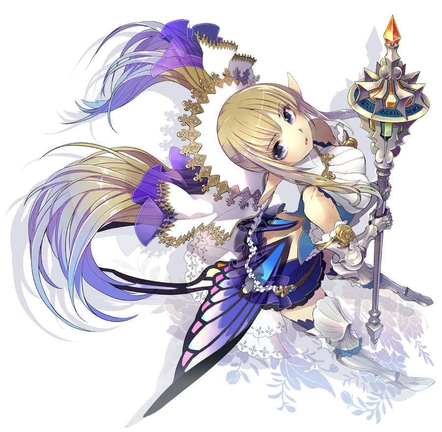 armor, bare_shoulders, blonde_hair, blue_eyes, blue_hair, breasts, butterfly_wings, detached_sleeves
