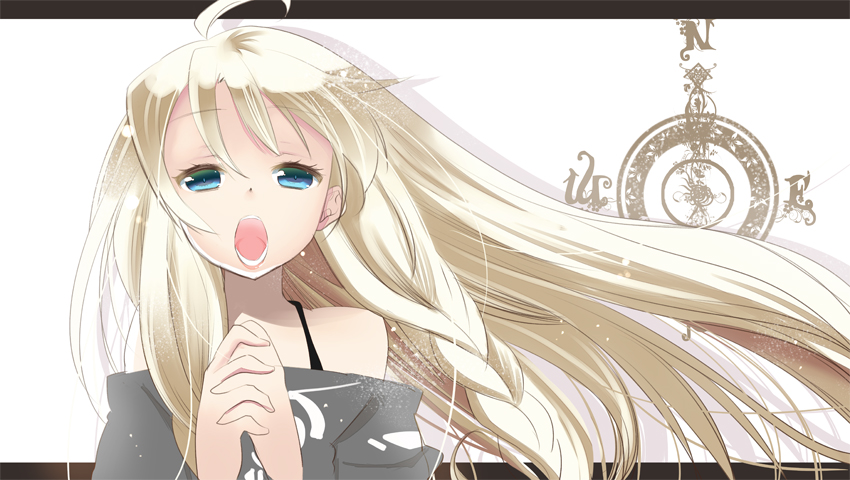 ahoge, blonde_hair, blue_eyes, hands_clasped, ia_(vocaloid), long_hair, open_mouth, singing