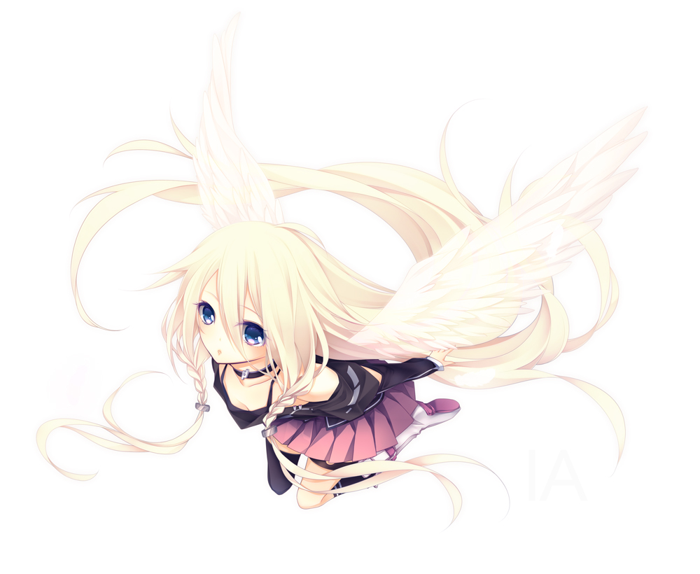 angel_wings, blonde_hair, blue_eyes, braid, ia_(vocaloid), long_hair, shiro_mayu, simple_background, single_thighhigh, solo, thigh-highs, thigh_strap, thighhighs, twin_braids, very_long_hair, vocaloid, wings