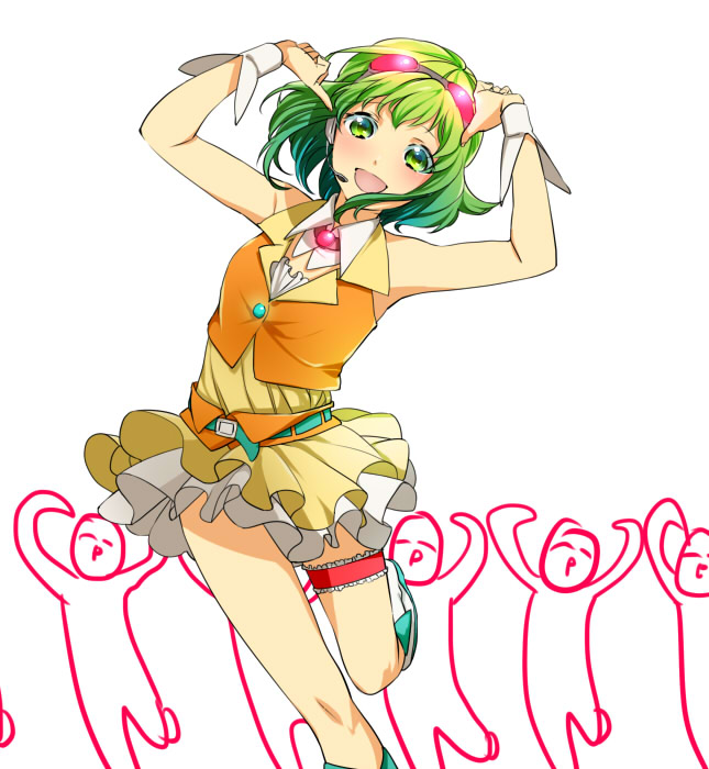 ^q^, goggles, goggles_on_head, green_eyes, green_hair, gumi, headphones, headset