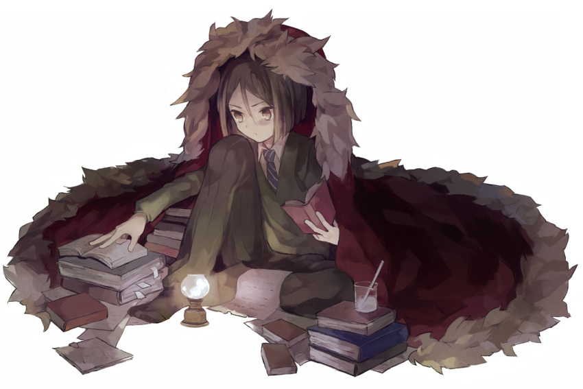 beaker, black_eyes, black_hair, black_legwear, book, book_stack, cape, fate/stay_night