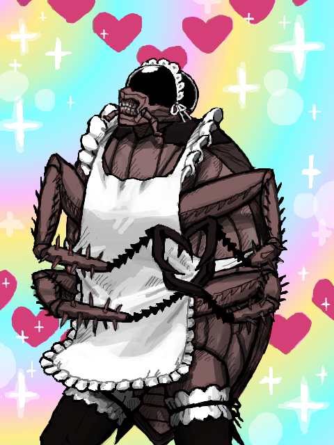 cockroach, crossdressinging, dorohedoro, emlan, garters, heart, heart_hands, insect, johnson_(dorohedoro), k-on!, maid, moe_moe_kyun!, monster, multiple_arms, no_humans, parody, solo, sparkle, thigh-highs, thighhighs, what