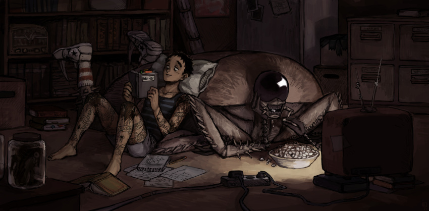 barefoot, book, bookshelf, box, cardboard_box, cockroach, cross, dark_skin, dorohedoro, eating, emlan, highres, insect, jar, johnson_(dorohedoro), kasukabe_(dorohedoro), male, monster, notebook, pencil, pillow, popcorn, radio, reading, shorts, smile, socks, tattoo, television