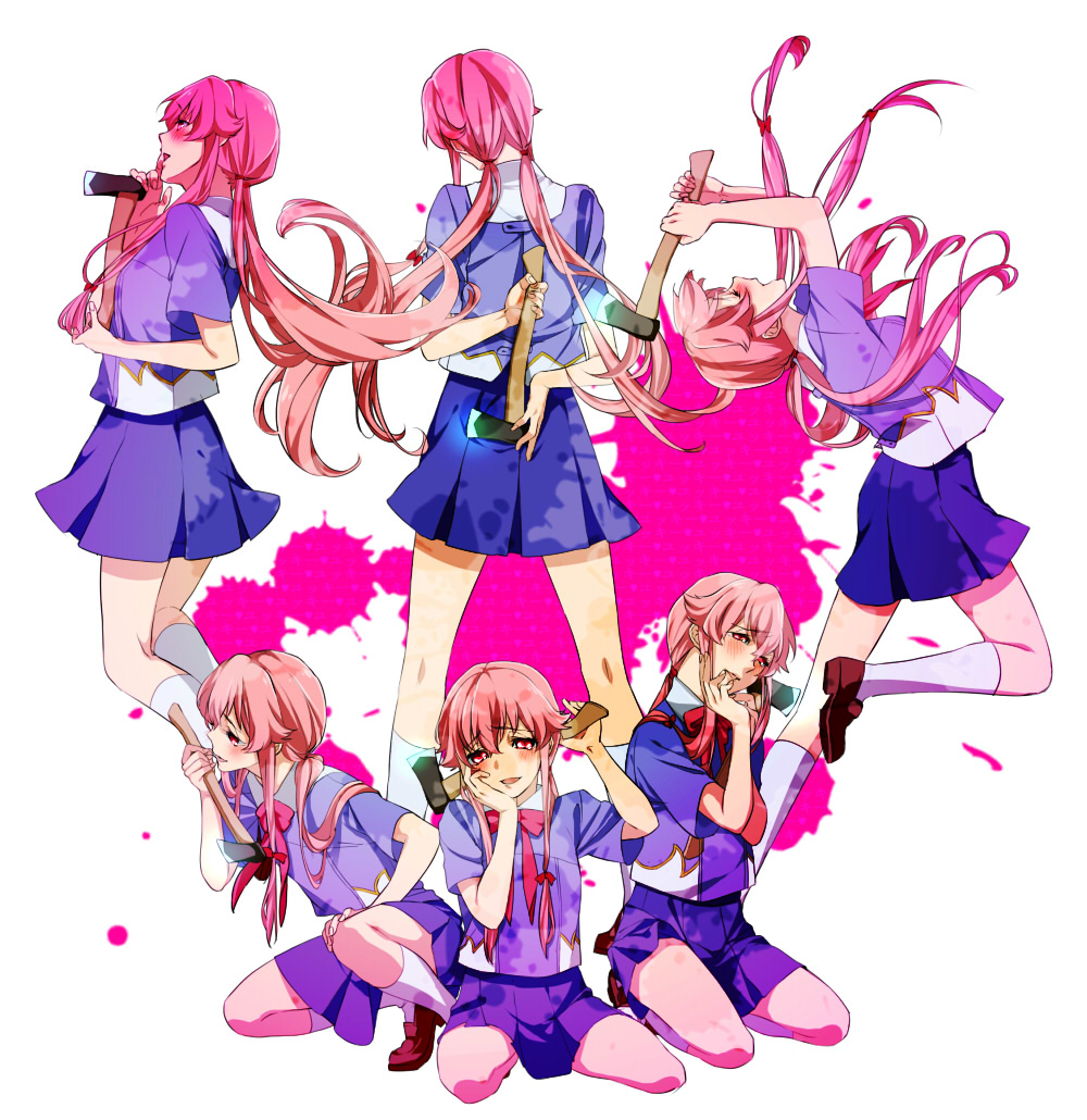 axe, blush, footwear, gasai_yuno, hand_on_own_cheek, hand_on_own_face, long_hair, mirai_nikki, multiple_girls, multiple_persona, o_v_dell, obachin, paint_splatter, pink_hair, red_eyes, school_uniform, skirt, smile, socks, solo, twintails, weapon, yandere