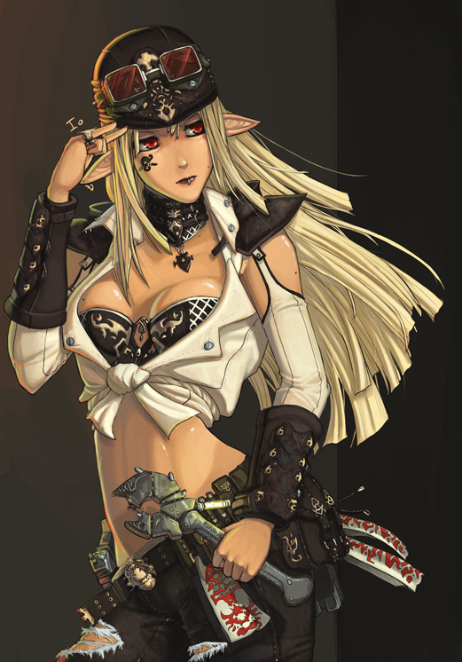 breasts, bustier, choker, cleavage, collar, elf, ionen, mole, original, piercing, pointy_ears, red_eyes, ripped_jeans, safety_glasses, shoulder_pads, tattoo, tied_shirt, wrench