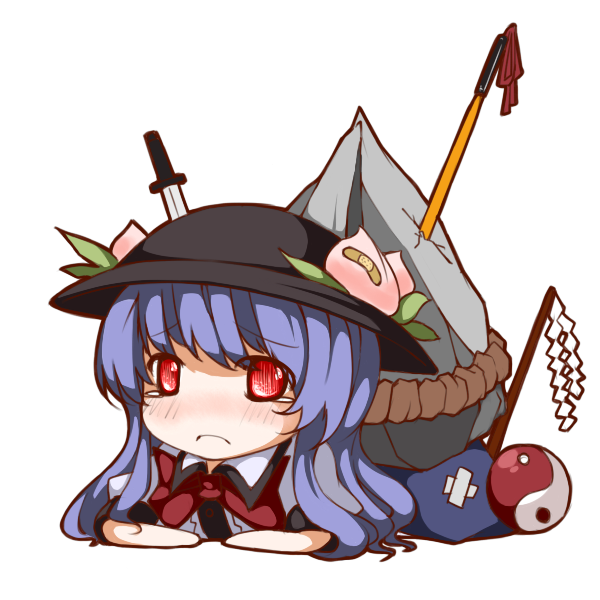 bandaid, blue_hair, blush, bow, food, fruit, gohei, hat