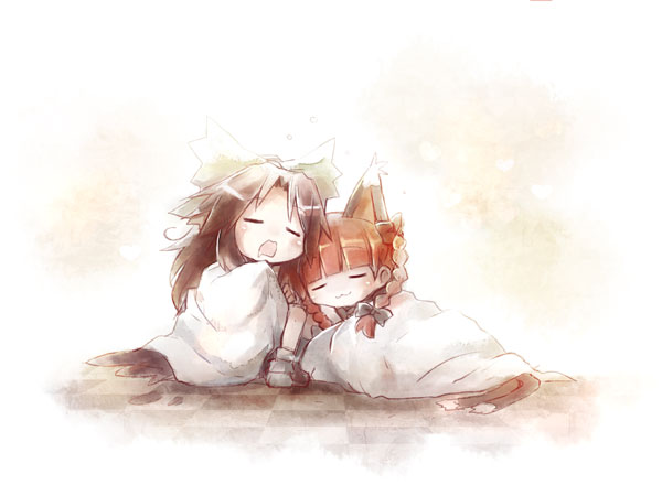 :3, animal_ears, black_hair, blanket, bow, braid, cat_ears, cat_tail