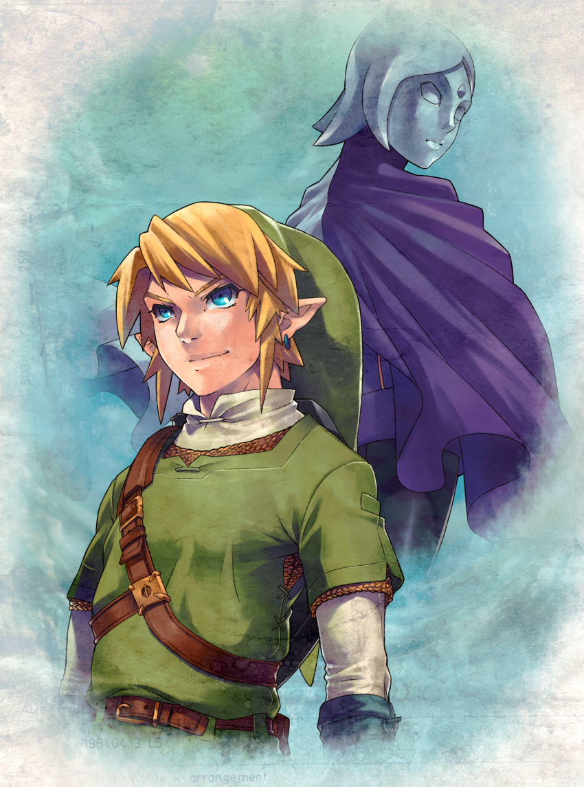 92, back-to-back, belt, blonde_hair, blue_eyes, blue_hair, cape, earrings, fi, hat, highres, jewelry, link, looking_back, nintendo, pointy_ears, skyward_sword, smile, the_legend_of_zelda