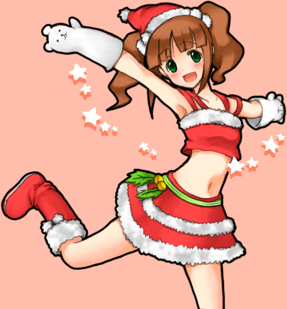 armpits, brown_hair, green_eyes, hat, idolmaster, midriff, navel, pitan_(unknown07)