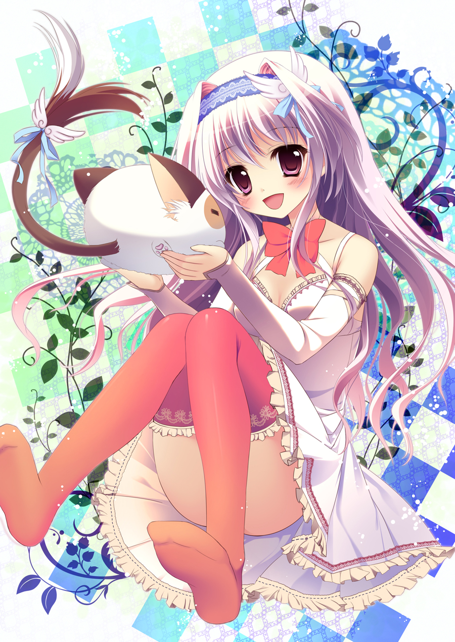 :d, amaha_miu, bare_shoulders, blush, bow, breasts, cat, checkered