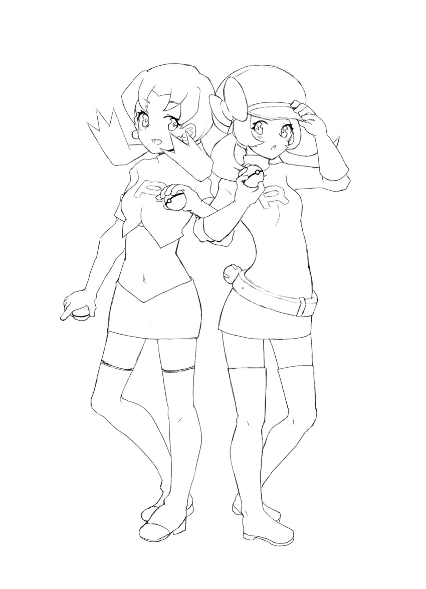cosplay, crystal_(pokemon), hat, highres, kotone_(pokemon), mati_(mksa), monochrome, multiple_girls