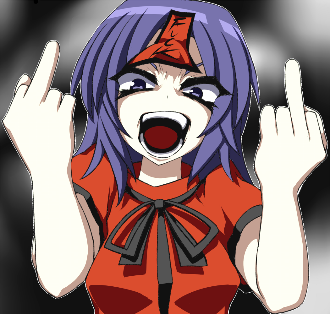 expressive_clothes, middle_finger, miyako_yoshika, profanity, purple_eyes, purple_hair, sudo_shinren, touhou
