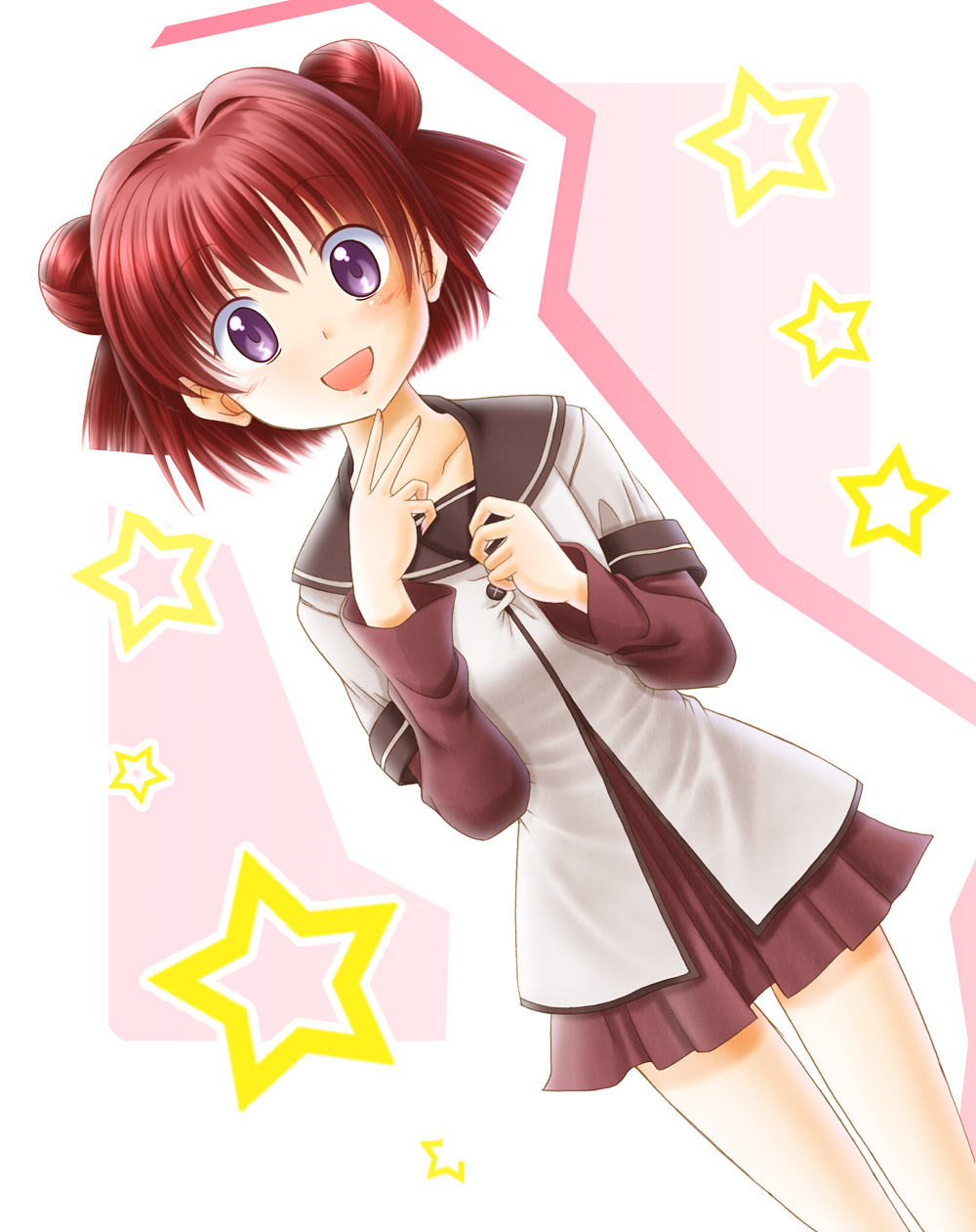 akaza_akari, blush, dutch_angle, highres, nashigami_tsubute, open_mouth, purple_eyes, red_hair