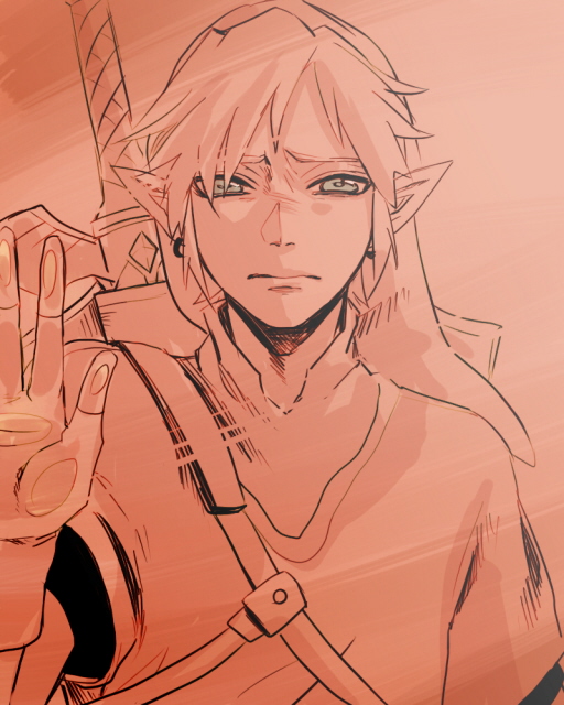 blue_eyes, earrings, glass, link, master_sword, nintendo, pointy_ears, sad