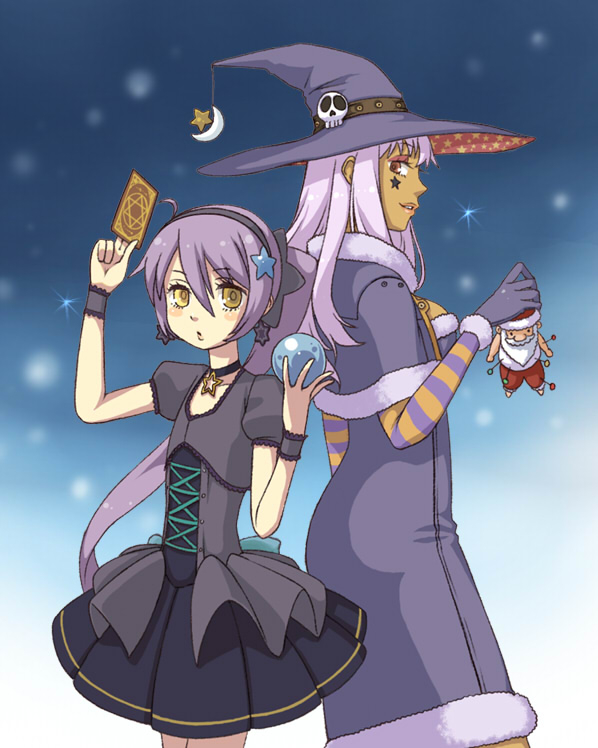 black_santa_costume, card, cards, doll, dress, earrings, hat, holding, holding_card, jewelry, long_hair, moon, ponytail, purple_hair, santa_costume, shirayuki_usami, skull, star, stella_(trickster), trickster, voodoo_doll, witch, witch_hat, witch_la_befana_(trickster), yellow_eyes