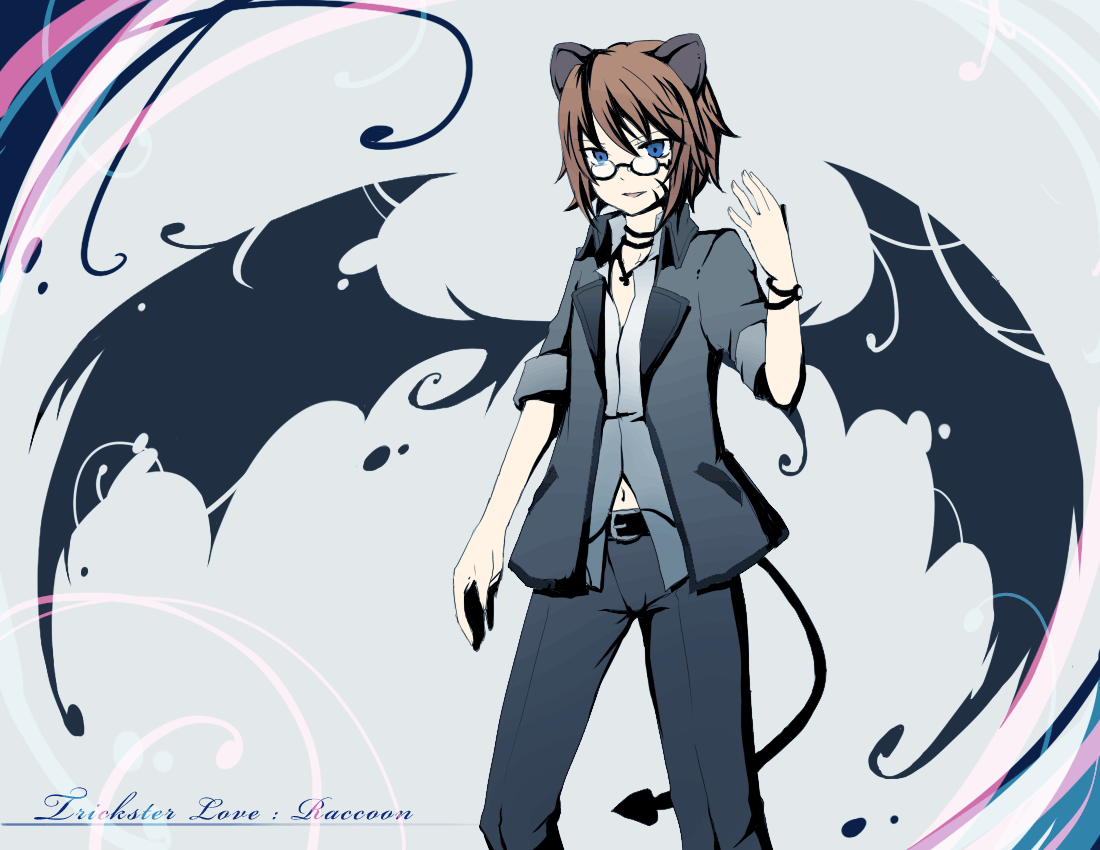 bad_id, brown_hair, glasses, jewelry, necklace, raccoon_(trickster), roan_coldvice_(trickster), short_hair, tail, trickster, wings