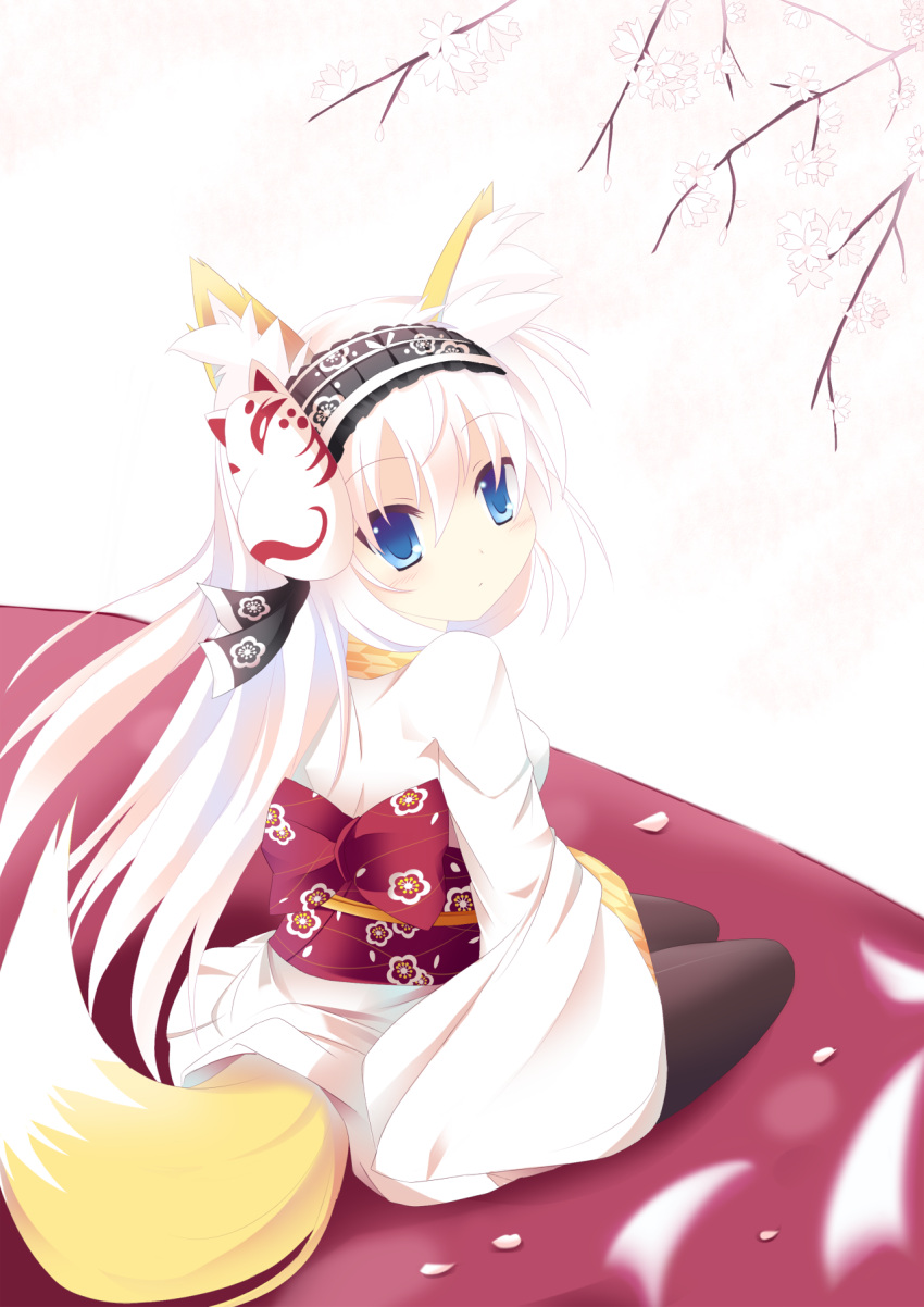 animal_ears, black_legwear, blue_eyes, fox_ears, fox_mask, fox_tail, hairband, highres, japanese_clothes, long_hair, long_sleeves, looking_back, mask, nabiiro, nibiiro_shizuka, original, pantyhose, sitting, solo, tail, white_legwear