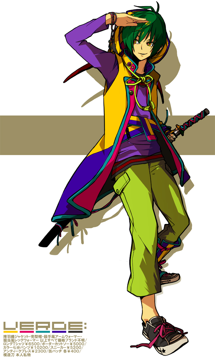 badge, button_badge, capri_pants, fashion, green_hair, hero_(pixiv), hood, hooded_jacket