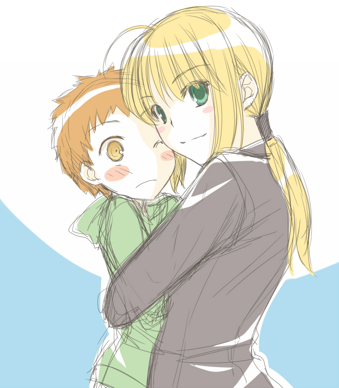 age_difference, blonde_hair, blush, blush_stickers, emiya_shirou, fate/stay_night, fate/zero, fate_(series), formal, green_eyes, hug, mayo-black, one_eye_closed, ponytail, red_hair, saber, sketch, smile, suit, wink, yellow_eyes, young