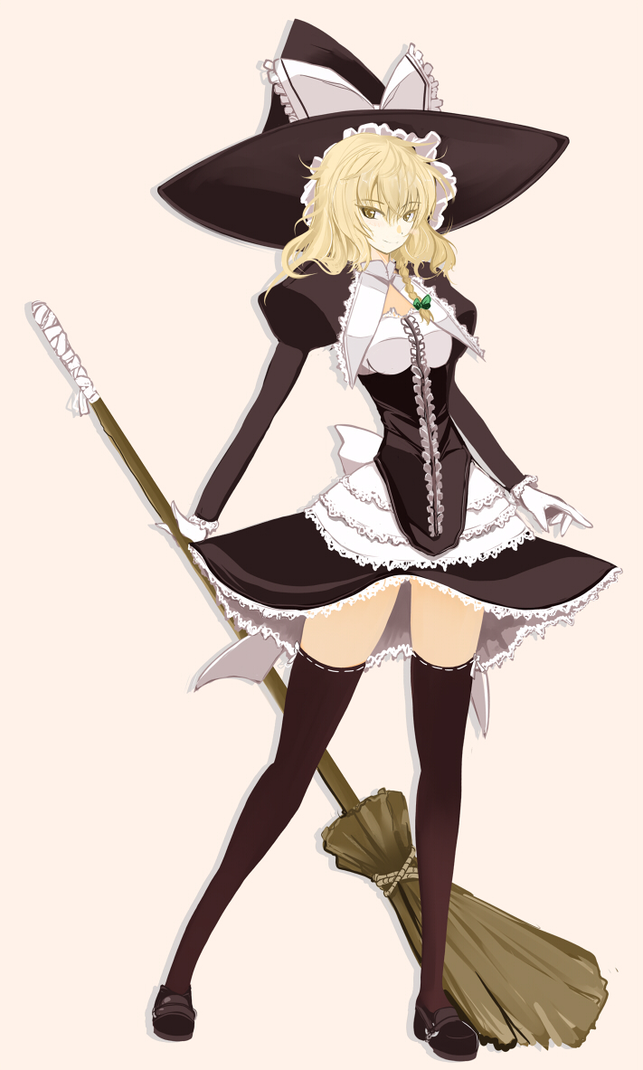 black_legwear, blonde_hair, braid, broom, cleavage_cutout, gloves, hair_ribbon, hat, kirisame_marisa, lace, legs, messy_hair, ribbon, short_hair, skirt, smile, takaharu, thigh_highs, thighhighs, touhou, witch, witch_hat, yellow_eyes, zettai_ryouiki