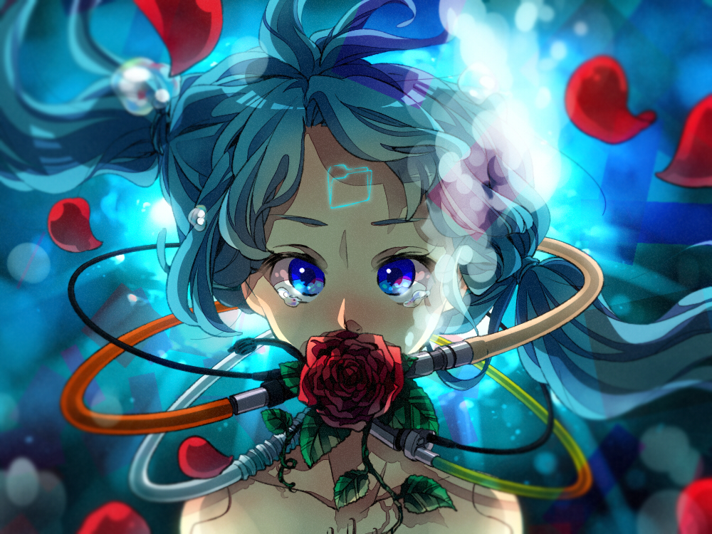 aqua_hair, blue_eyes, bust, flower, folder, hatsune_miku, meo, petals