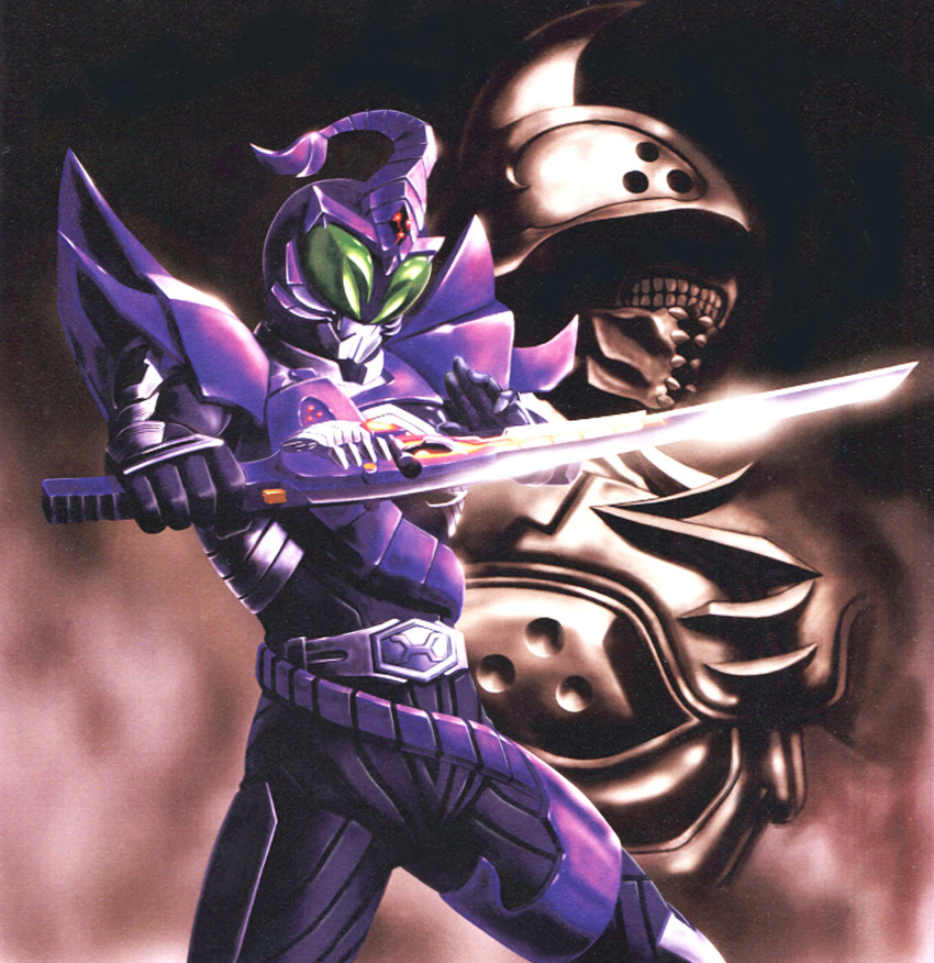 belt, highres, hiro_(hibikigaro), kamen_rider, kamen_rider_kabuto_(series), kamen_rider_sasword, monster, scorpio_worm, scorpion, sword, weapon