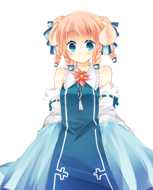 blue_eyes, dress, flower, fumiho_(pechi), horns, pink_hair, sheep_(trickster), sheep_ears, short_hair, trickster