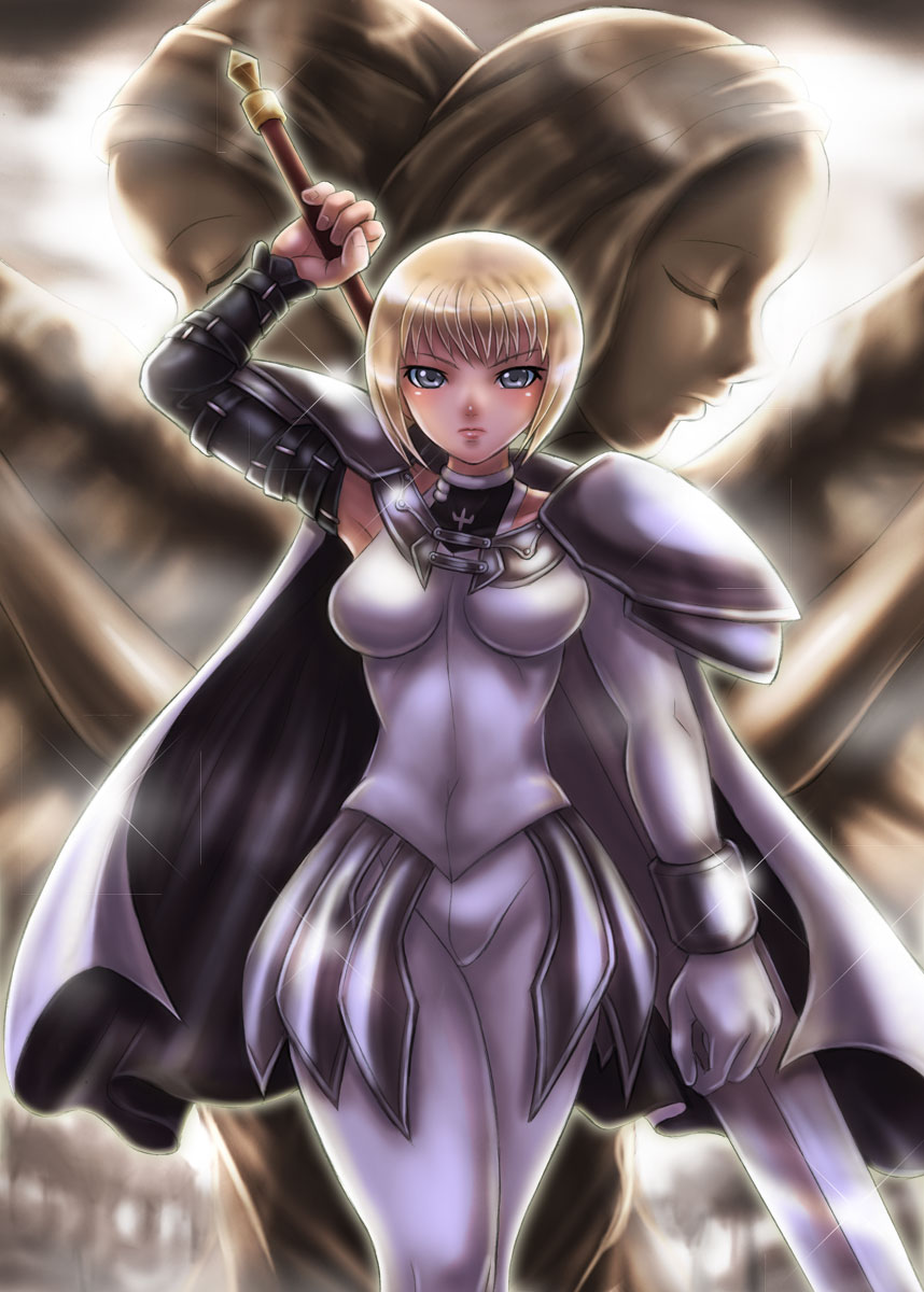blonde_hair, boken_fantasy, bracer, cape, clare_(claymore), claymore, claymore_(sword), closed_eyes