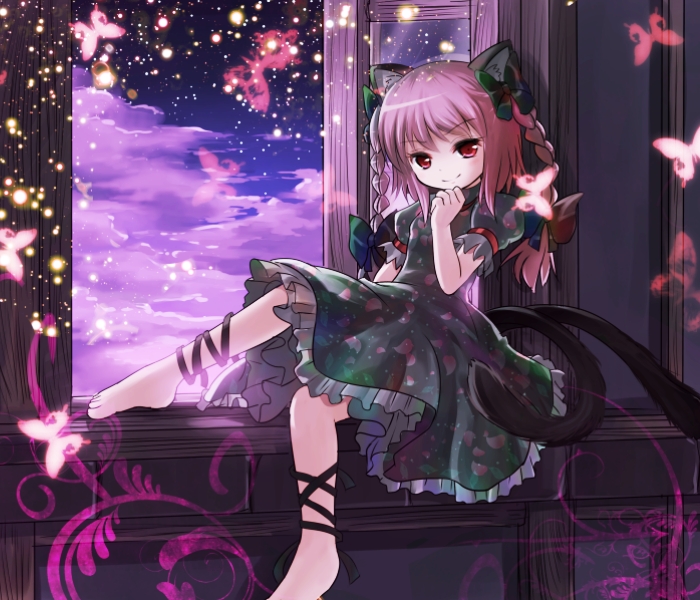 animal_ears, barefoot, bow, braid, butterfly, cat_ears, cat_tail, cloud