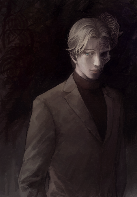 bishounen, blonde_hair, blue_eyes, dark, formal, horn, johan_liebert, light_smile, male, monster_(manga), nise_shoku, pale_skin, realistic, side_glance, skull, solo, suit, sweater, turtleneck